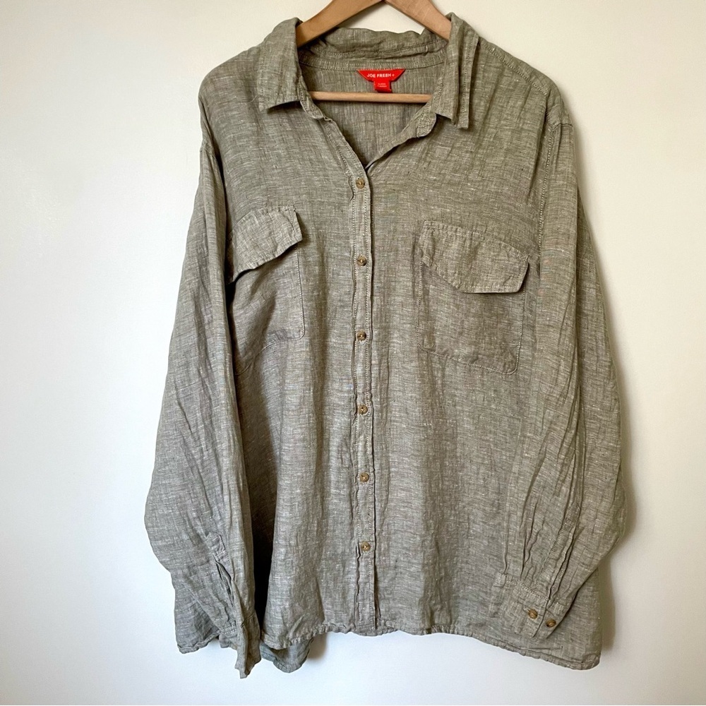 Joe Fresh 100% Linen Button Down Shirt Heathered Green Grey Size 3X